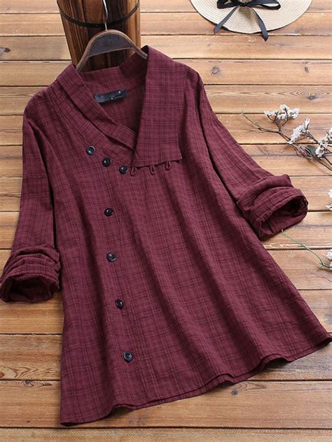 Retro Check Cotton Linen Loose Casual Long Sleeve Blouse In