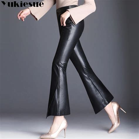 buy faux leather flare pants capri women 2018 winter autumn high waist elastic