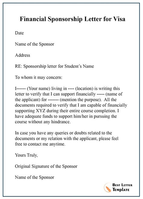 Sponsorship Letter For Visa Template Format Sample And Example In 2023