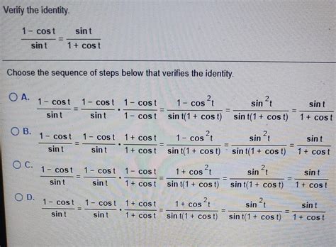 Solved Verify The Identity 1 Cost Sint Sint 1 Cost
