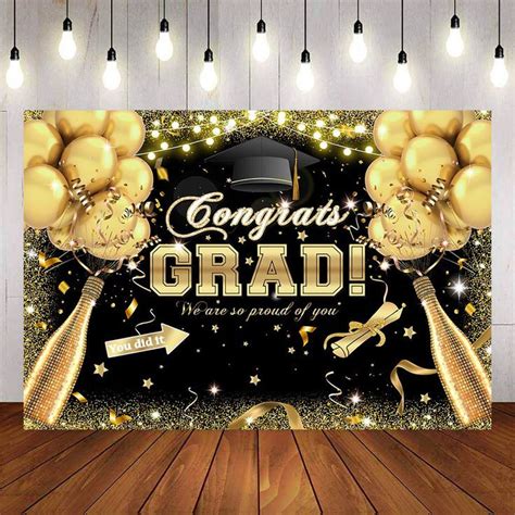 Congrats Grad Gold Balloons And Champagne Black Background Mocsicka Backdrop Partybackdrop