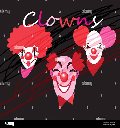 Vector Set Silhouettes Of Clown Masks On Dark Background Stock Vector