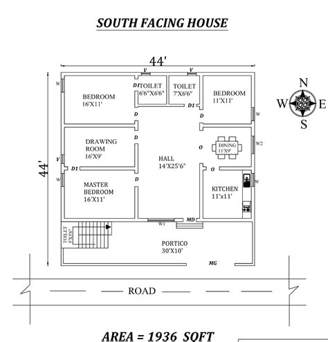 Bhk House Plan With Column Layout Dwg File In South Facing