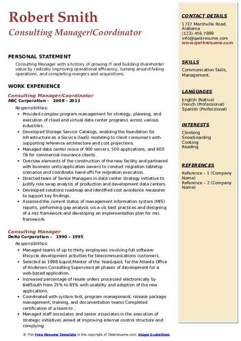 consulting manager resume samples qwikresume