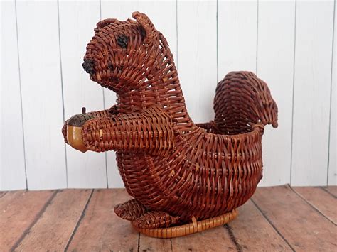 Vintage Brown Woven Wicker Squirrel Animal Basket Planter