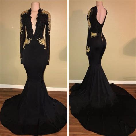 Sexy Black Gold Prom Dressesdeep V Neck Prom Dress Long Sleeves