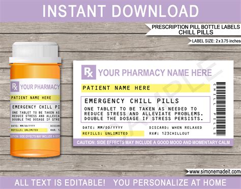 Either print on label paper or regular paper and adhere with paper glue or glue stick. Prescription Chill Pill Labels Template | Emergency Chill Pills | Funny Gag Gift