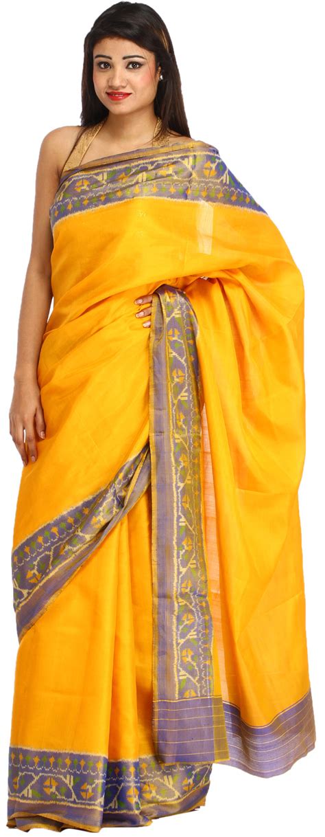 Citrus Yellow Plain Patan Patola Saree From Gujarat With Ikat Weave On