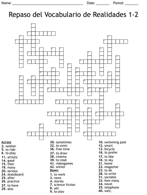 Repaso Del Vocabulario De Realidades 1 2 Crossword Wordmint