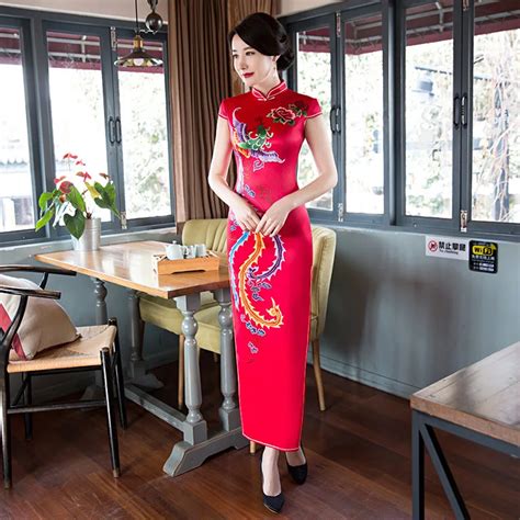 buy 2018 red cheongsam sexy qipao peacock women long dress bridesmaid dresses