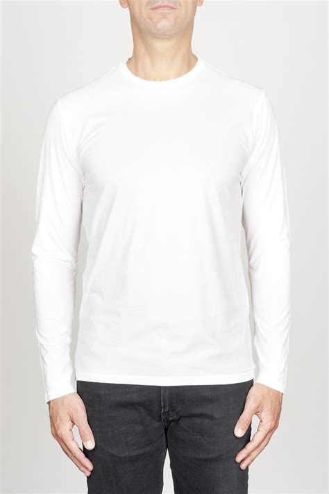 Generally, women wore bigger necklines than men, but with men. Classic long sleeve cotton round neck white t-shirt