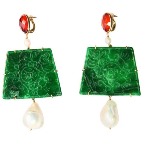 Carved Jade Gold Dangle Amber Earrings Baroque Pearls For Sale At 1stdibs