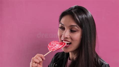 Woman Licks Her Lips Close Up Gentle Female Tongue Licks Beautiful White Teeth Stock Footage