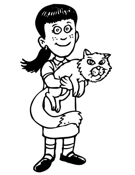 Cat Coloring Page A Happy Girl Holding Her Cat