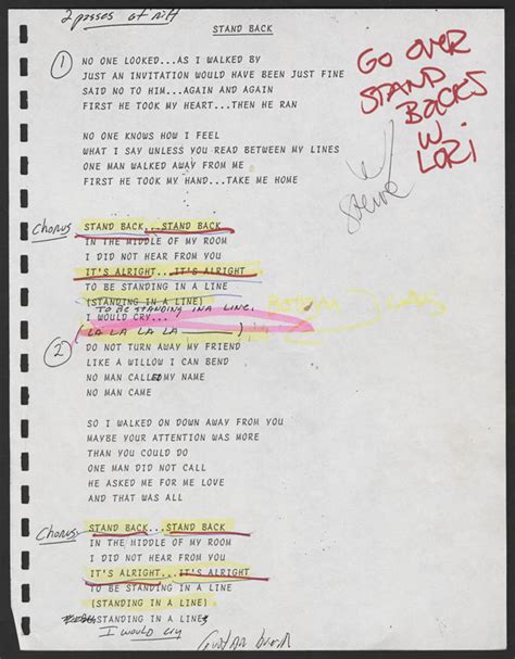 Lot Detail - Stevie Nicks Hand Annotated "Stand Back" Lyrics
