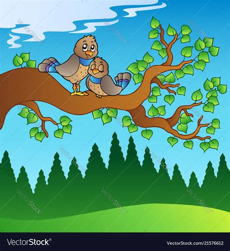 Two Cute Birds Sitting On Branch Royalty Free Vector Image