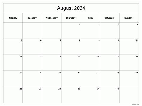 August 2024 Printable Calendar Sheet 2024 Calendar Printable