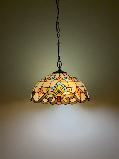 Crown Tiffany Hanging Lamp Leadglass Stained Glass Shade Crystal Bead Lamp Shade Antique