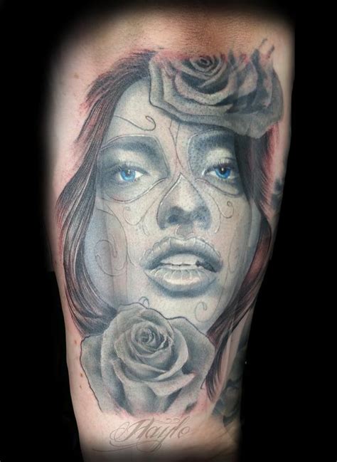 Black And Gray Day Of The Dead Girl With Roses By Haylo Tattoos