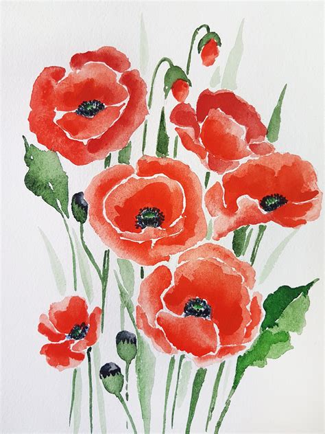 Original Poppies Painting Watercolor With Simple Flowers X