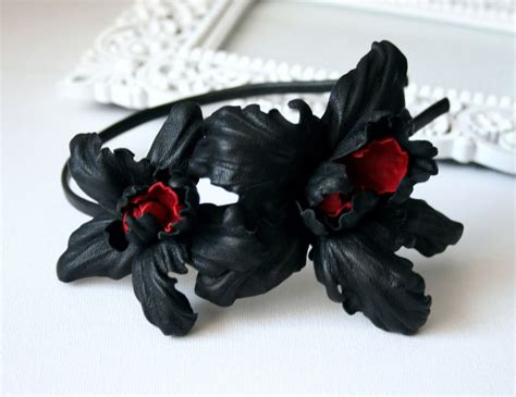 black red leather orchids flower headband headpiece etsy