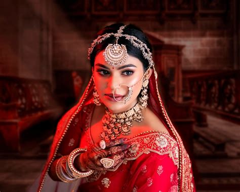 Premium Photo Indian Bride Portrait In Traditional Red Sari With Golden Jewelry
