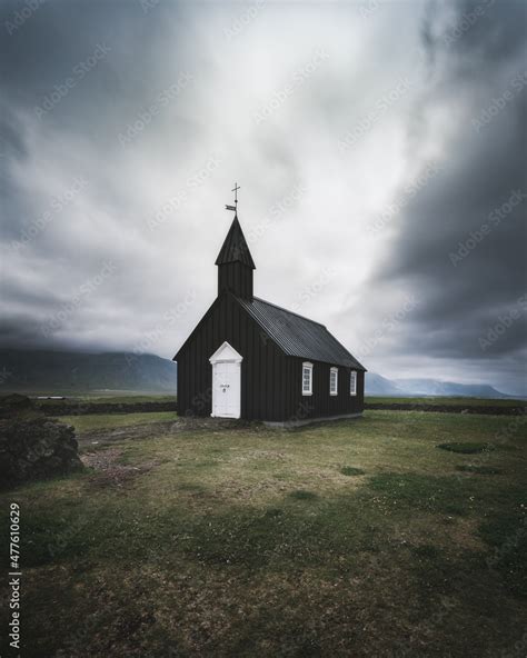 Moody Dramatic View Of Famous Black Church Búðakirkja Búðir On