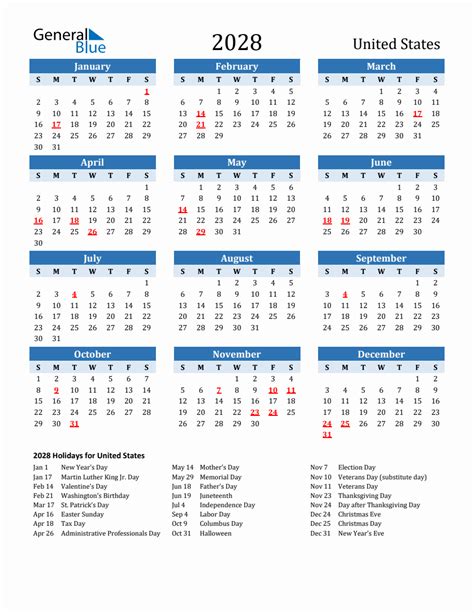 2028 Printable Calendar With United States Holidays