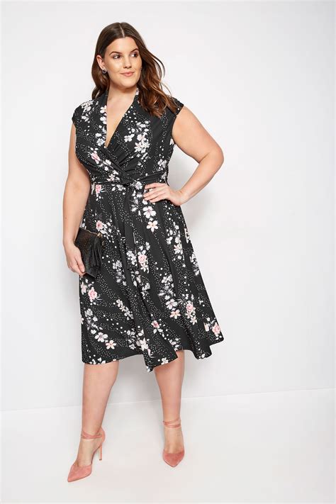 Plus Size Yours London Black Floral Wrap Skater Dress Sizes 16 To 36 Yours Clothing