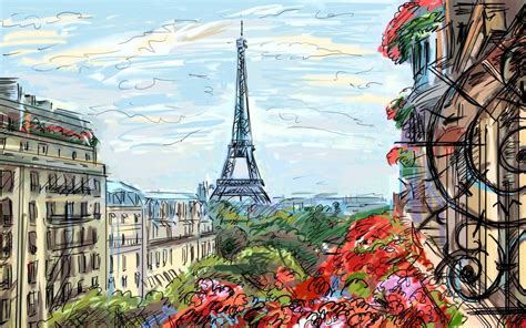 Eiffel Tower Paris Sky Clouds Houses France French Artwork Art Painting