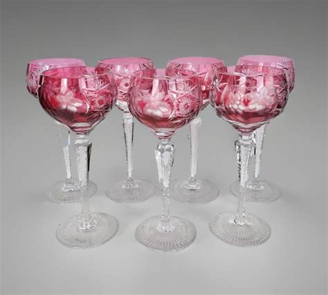 Ajka Marsala Set Of 7 Czech Cranberry Crystal Cut To Clear Water Wine