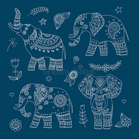 Four Doodle Vector Elephants And Floral Elements For Design Stock