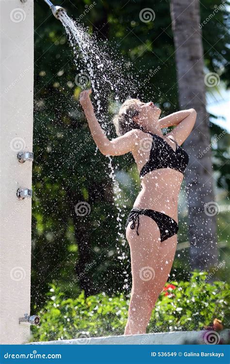 Woman In The Outdoor Shower Stock Image Image Of Carefree Outdoor