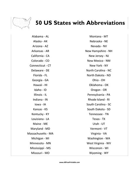 List Of Us States Printable