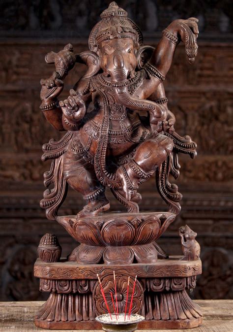 Sold Neem Wood Hand Carved Hindu God Ganesha Dancing On The Serpent