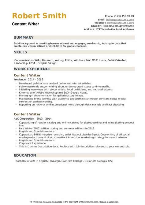Maybe you would like to learn more about one of these? Content Writer Resume Samples | QwikResume