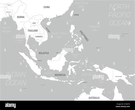Southeast Asia Map White Lands And Grey Water High Detailed