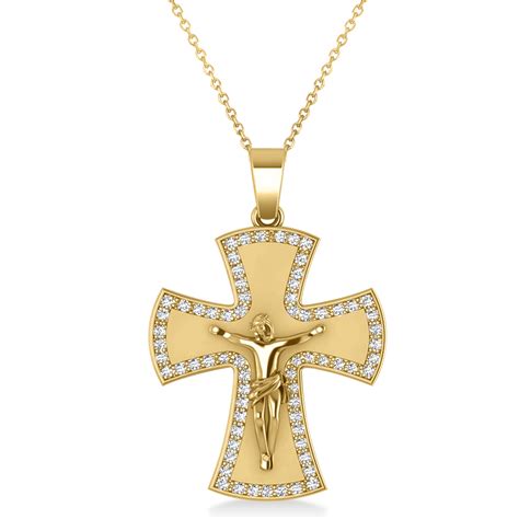 Holy Crucifix Mens Diamond Pendant Necklace 14k Yellow Gold 069ct