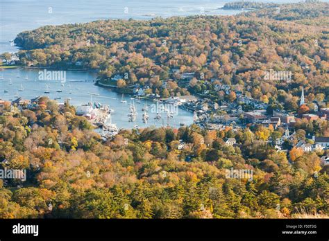 A Birds Eye View Of Camden Harbor And Surrounding Fall Foliage From Mt
