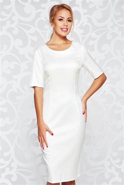White Elegant Midi Pencil Dress Slightly Elastic Fabric Short Sleeves