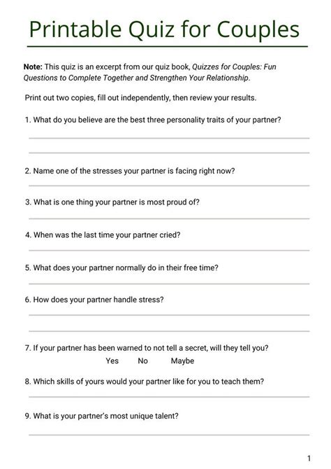 Printable Marriage Compatibility Test For Couples