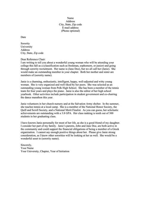 Sorority Recommendation Letter Template Printable Pdf Download
