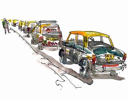 Taxi Sketch India Mumbai Cabs Yellow Watercolor