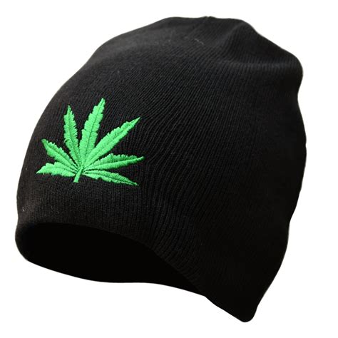 Black 8 Beanie Cap With Embroidered Weed Leaf