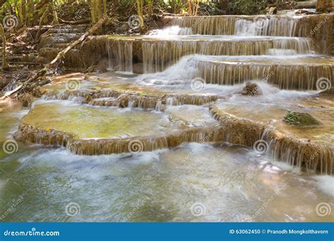 Closed Up Multiple Layer Natural Waterfall In National Park Of Thailand