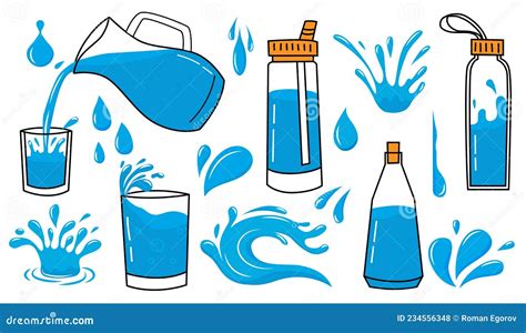 Doodle Water Icon Liquid Splash And Drips Bottle Or Glasses With