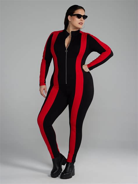 Plus Size Zipper Front Striped Catsuit Fashion To Figure