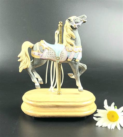 Vintage Carousel Horse Figurine On Brass Pole And Wooden Stand Etsy