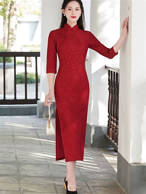 Red Lace Half Sleeve Long Qipao Cheongsam Party Dress Cozyladywear
