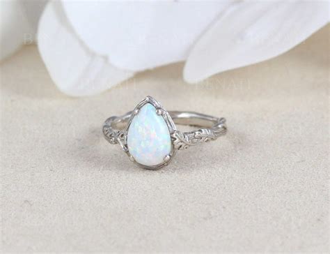 Pear Cut White Opal Leaf Nature Ring Leaves Engagement Unique Solid